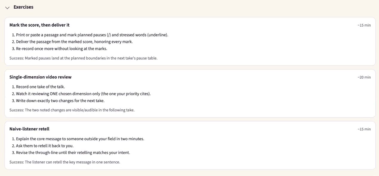 Three exercises with steps, an estimated time, and a success criterion