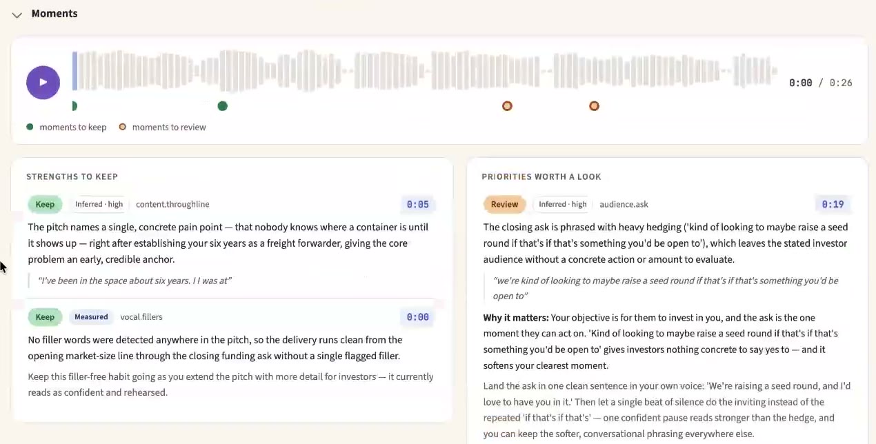 The moments panel: a waveform with markers, and cards for strengths to keep and priorities worth a look, each with a timestamp